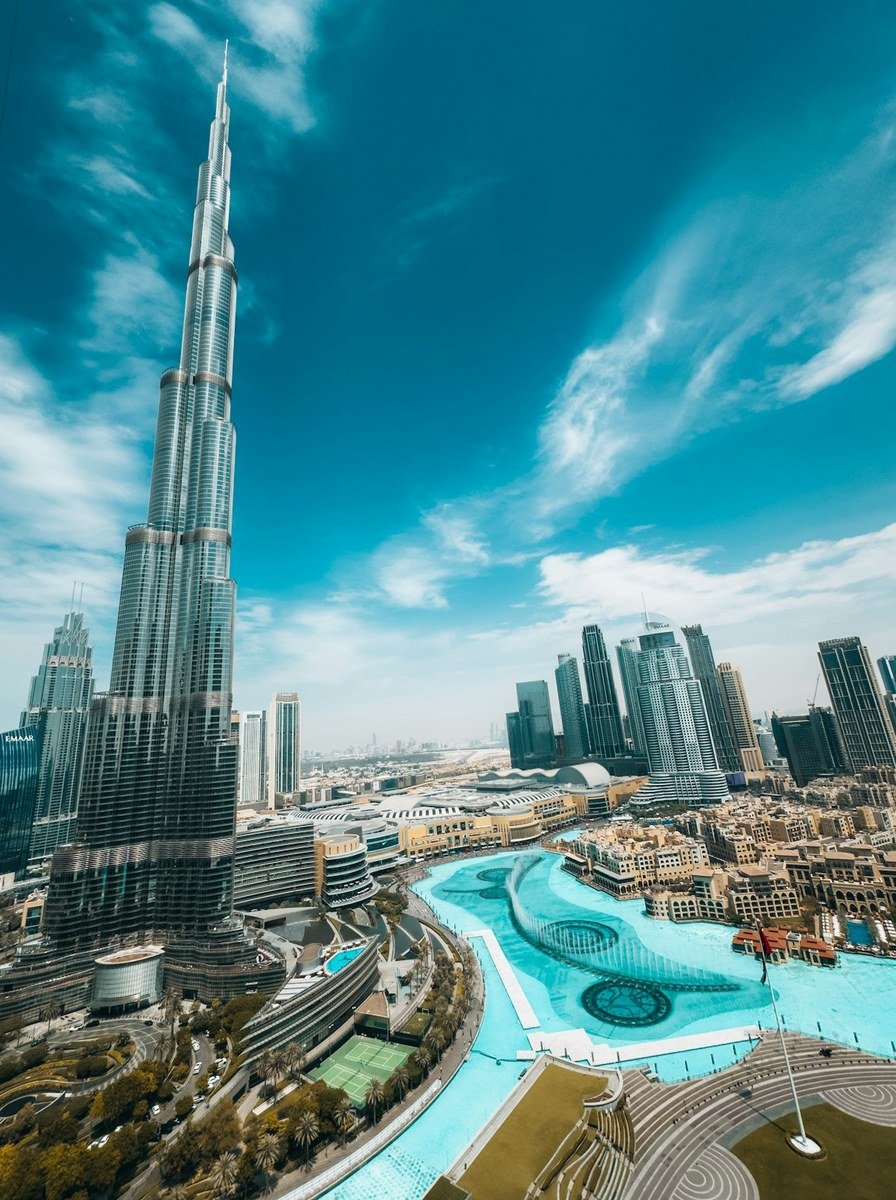 Panoramic daylight aerial view of Downtown Dubai and commercial business district